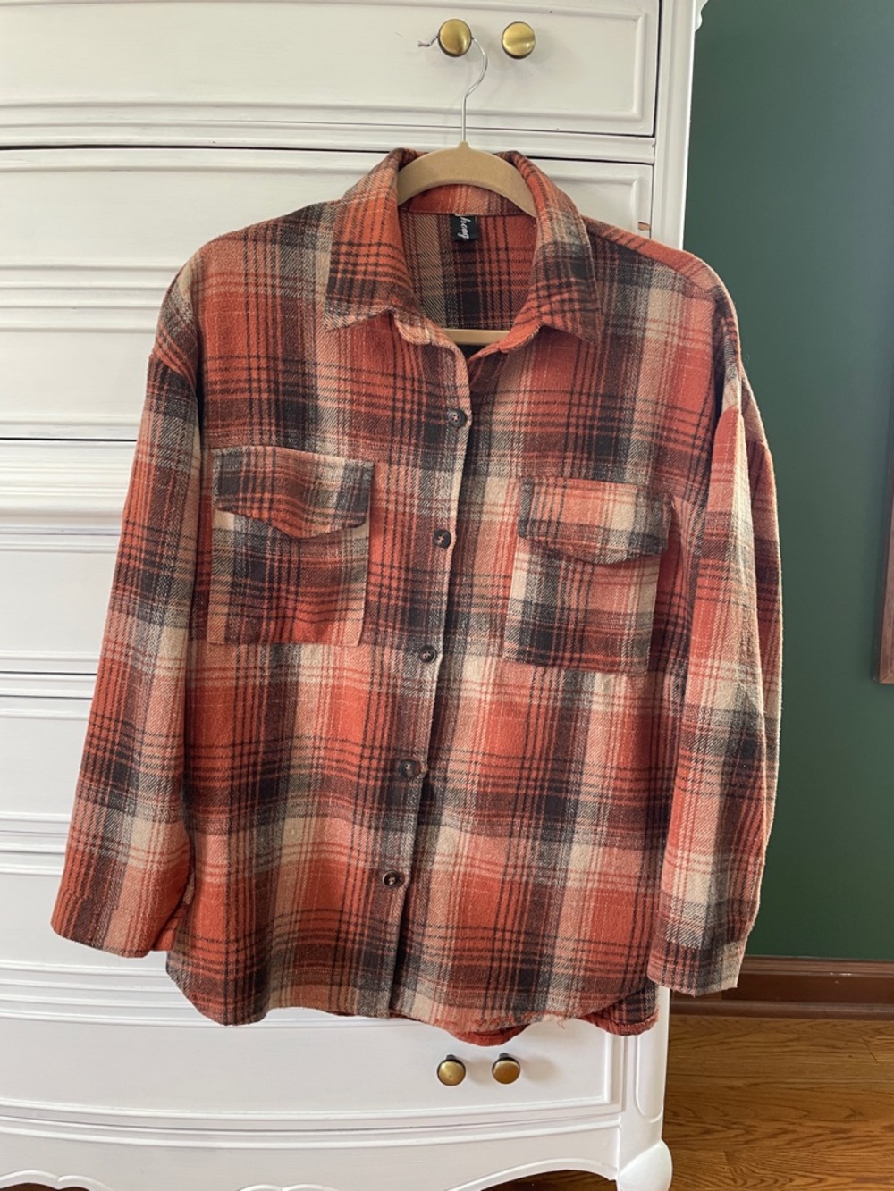 Plaid Button-Up Shacket in Rust and Cream